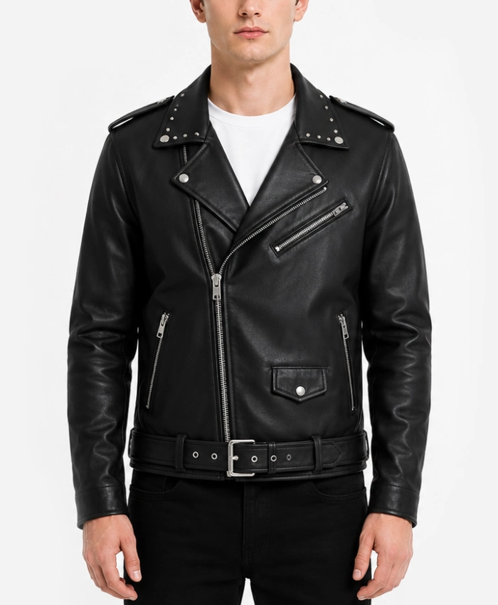 Mens Black Studded Collar Leather Biker Jacket