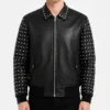 Black Studded Sleeves Bomber Mens Leather Jacket