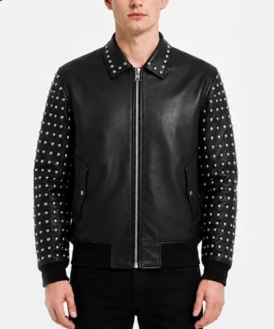 Black Studded Sleeves Bomber Mens Leather Jacket