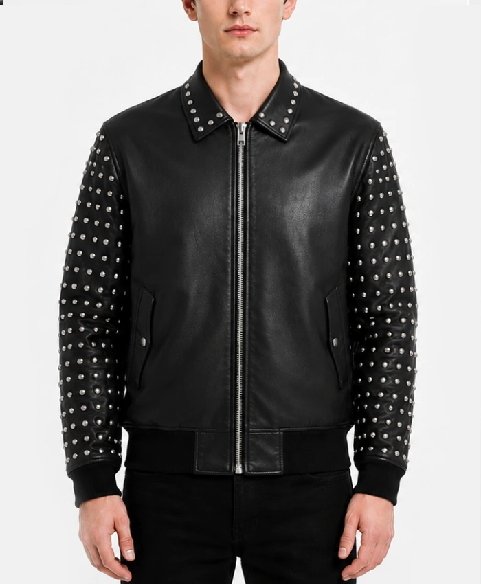 Black Studded Sleeves Bomber Mens Leather Jacket