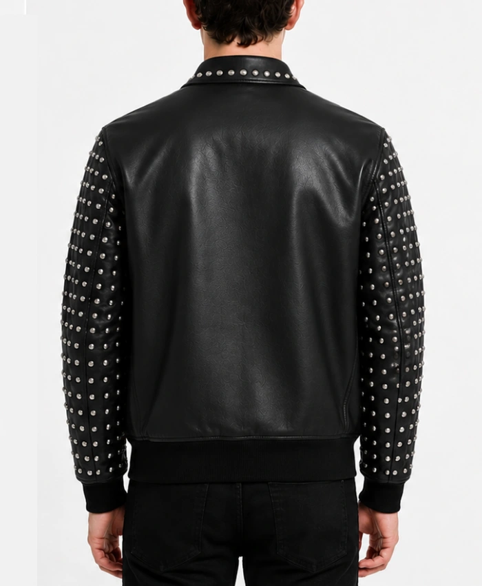 Mens Black Studded Sleeves Bomber Leather Jacket - Image 3