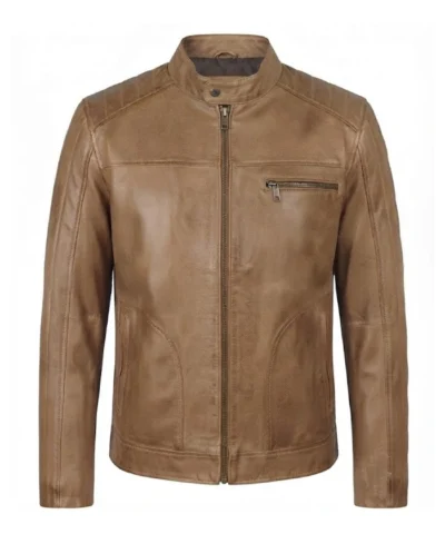 Mens Camel Biker Style Quilted Leather Jacket