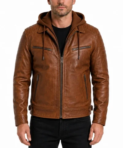 Cognac Mens Biker Leather Jacket with Attached Hood