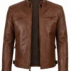 Mens Cognac Brown Quilted Biker Style Leather Jacket