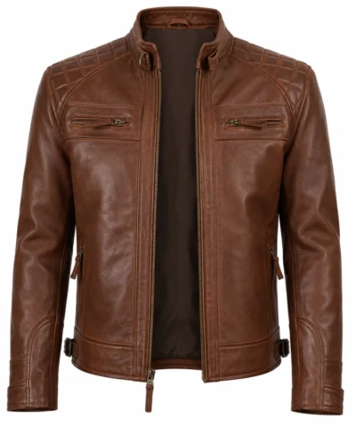 Mens Cognac Brown Quilted Biker Style Leather Jacket