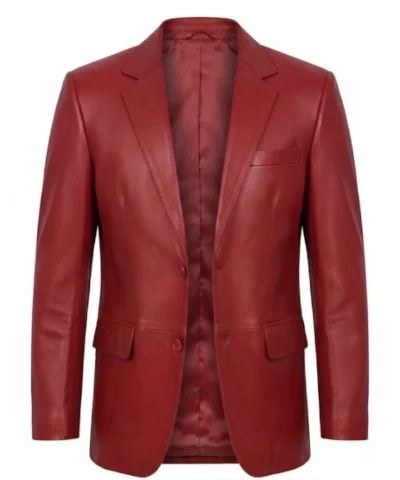 Mens Notch Lapel 2 Buttons Red Lambskin Leather Blazer