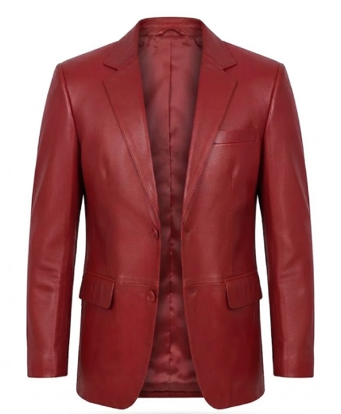 Mens Notch Lapel 2 Buttons Red Lambskin Leather Blazer