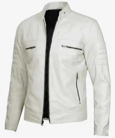 Mens Off White Biker Style Leather Jacket