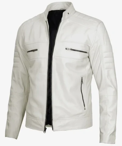 Mens Off White Biker Style Leather Jacket On Sale