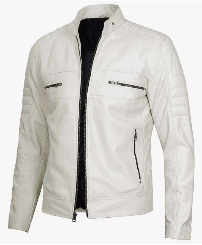 Mens Off White Biker Style Leather Jacket On Sale