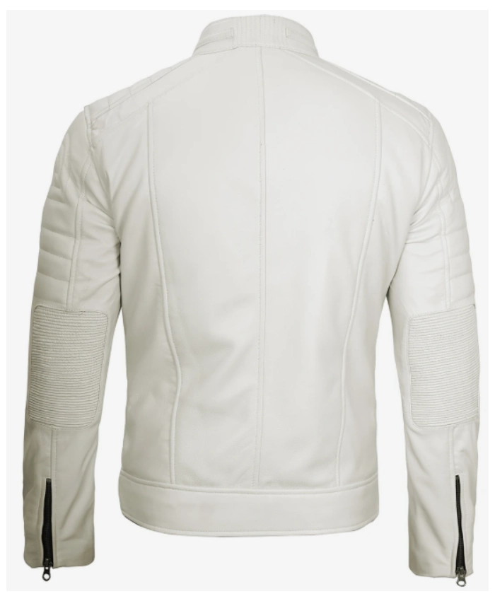 Mens Off White Biker Style Zip Up Leather Jacket