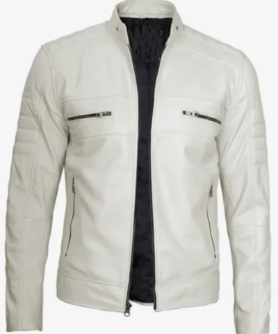 Mens Off White Leather Biker Style Jacket
