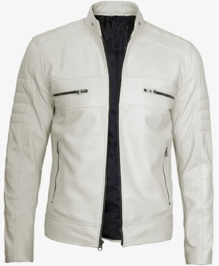 Mens Off White Leather Biker Style Jacket