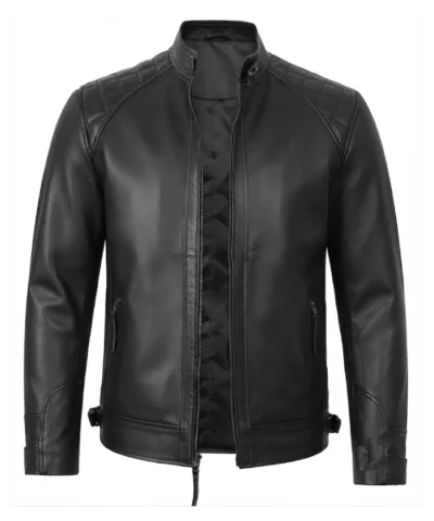Mens Quilted Black Leather Biker Style Jacket