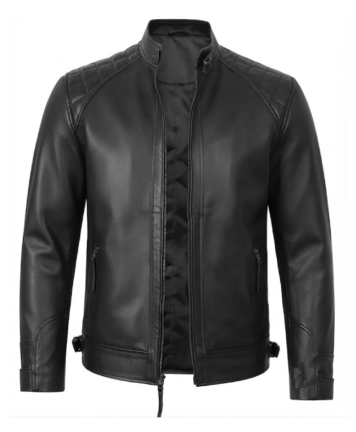 Mens Quilted Black Leather Biker Style Jacket
