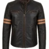 Mens Vintage Brown Leather Biker Jacket with Dual Racing Stripes On Sale