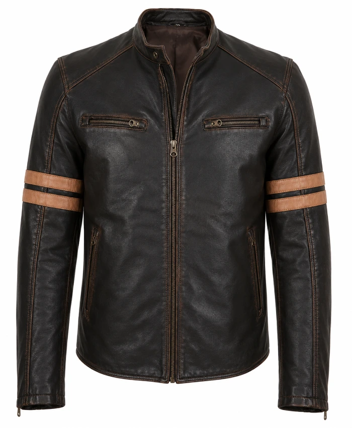 Mens Vintage Brown Leather Biker Jacket with Dual Racing Stripes On Sale