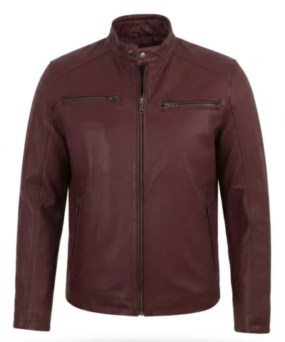 Mens Washed Maroon Cafe Racer Leather Jacket