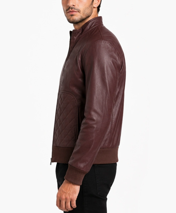 Moda Maroon Leather Bomber Jacket - Image 2