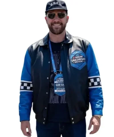 NASCAR San Diego Weekend Travis Kelce Blue and Black Leather Jacket 