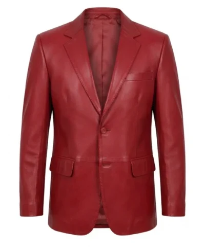 Notch Lapel 2 Buttons Red Lambskin Leather Blazer