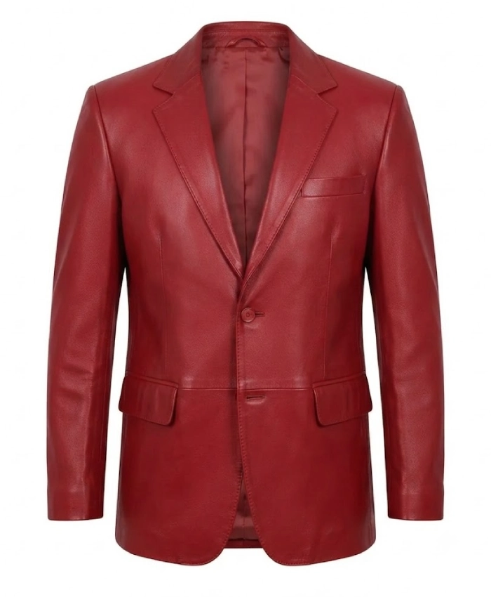 Notch Lapel 2 Buttons Red Lambskin Leather Blazer