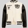 Oakland Raiders Retro Cream Wool with Leather Bomber Varsity Jacket