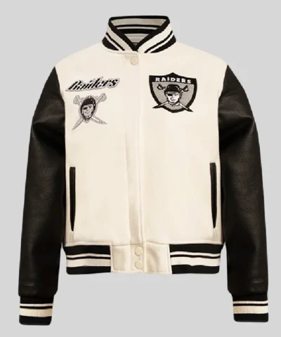 Oakland Raiders Retro Cream Wool with Leather Bomber Varsity Jacket