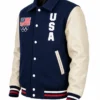 Order Now USA Olympics Team Beige And Blue Varsity Bomber Jacket