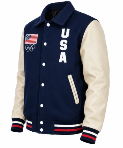 Order Now USA Olympics Team Beige And Blue Varsity Bomber Jacket