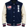 Order Now USA Olympics Team Beige And Blue Varsity Bomber Jacket For Sale