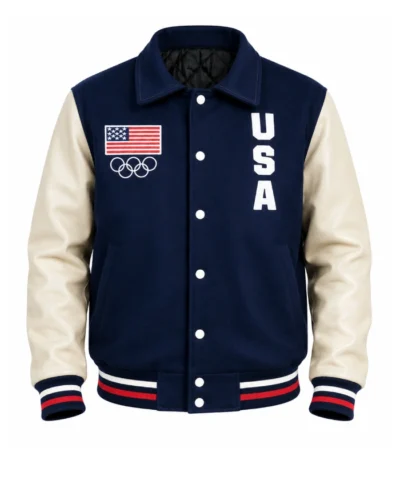 Order Now USA Olympics Team Beige And Blue Varsity Bomber Jacket For Sale