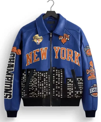 Pro Basketball 2026 Kith x New York Knicks Champions Blue Leather Jacket for Men and Women