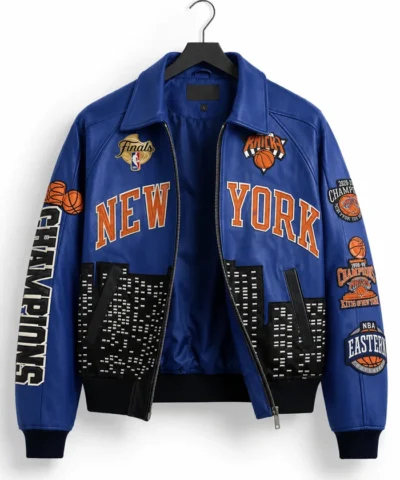 Pro Basketball 2026 Kith x New York Knicks Champions Blue Leather Jacket for Sale