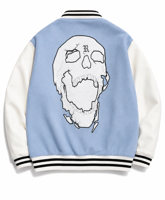 Revenge Skull Light Blue Full Snap Varsity Jacket
