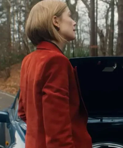 Rosamund Pike Ladies First 2026 Alex Fox Rust Brown Suede Blazer