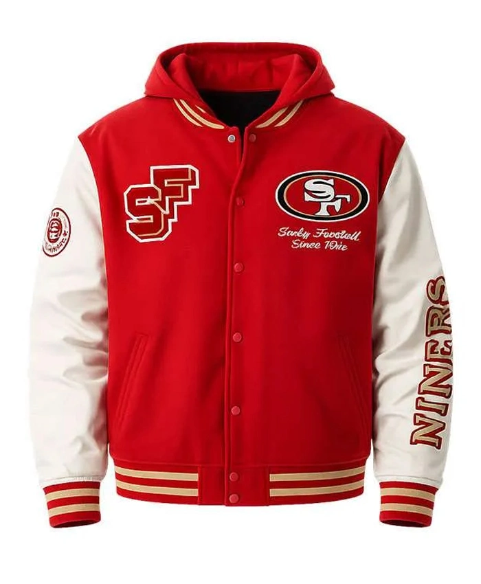 San Francisco 49ers Red and White Varsity Hooded Jacket
