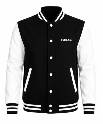 Scream Black and White Full Snap Bomber Varsity Jacket