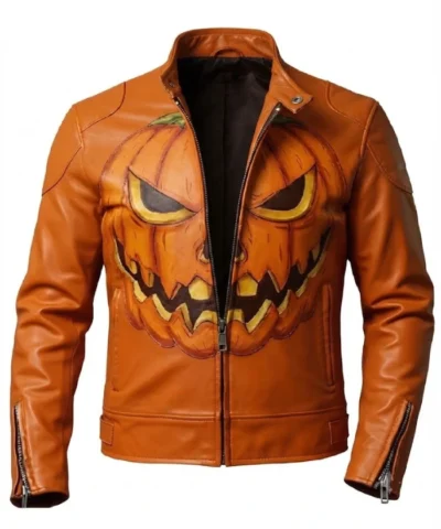 Shop Halloween Pumpkin Orange Leather Biker Jacket