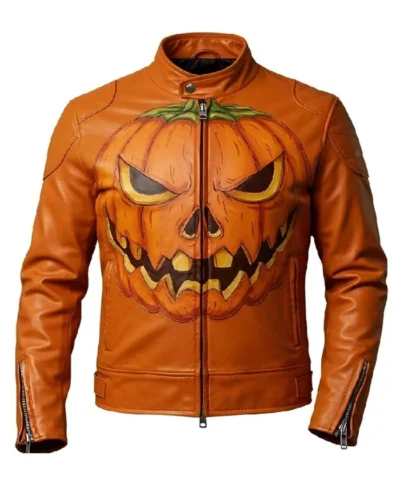 Shop Halloween Pumpkin Orange Leather Biker Jacket For Men and Women