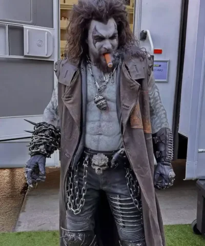 Shop Jason Momoa behind The Scenes Look Supergirl Lobo Brown Sleeveless Leather Coat For Men