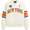 Shop Kith New York Knicks 2026 Champions Off White Satin Bomber Jacket For Men and Women