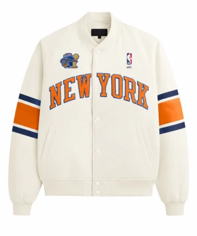 Shop Kith New York Knicks 2026 Champions Off White Satin Bomber Jacket For Men and Women