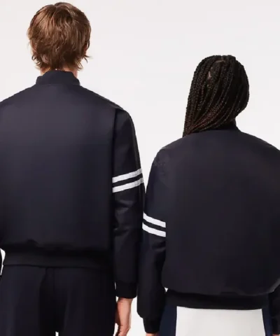 Shop Lacoste Vintage Patch Satin Black Varsity Bomber Jacket