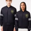 Shop Lacoste Vintage Patch Satin Black Varsity Bomber Jacket For Sale