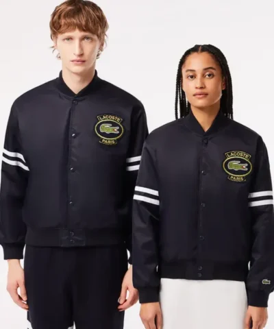 Shop Lacoste Vintage Patch Satin Black Varsity Bomber Jacket For Sale