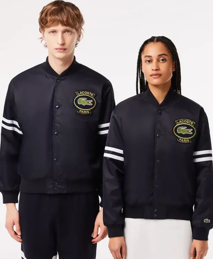 Shop Lacoste Vintage Patch Satin Black Varsity Bomber Jacket For Sale