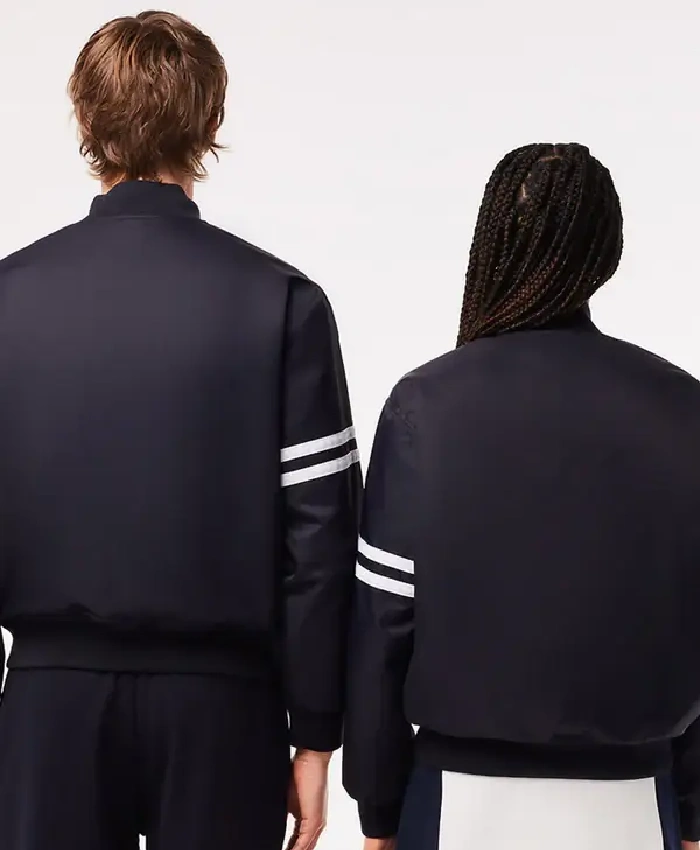 Shop Lacoste Vintage Patch Satin Black Varsity Bomber Jacket