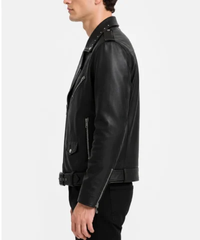 Black Studded Collar Biker Leather Jacket for Mens