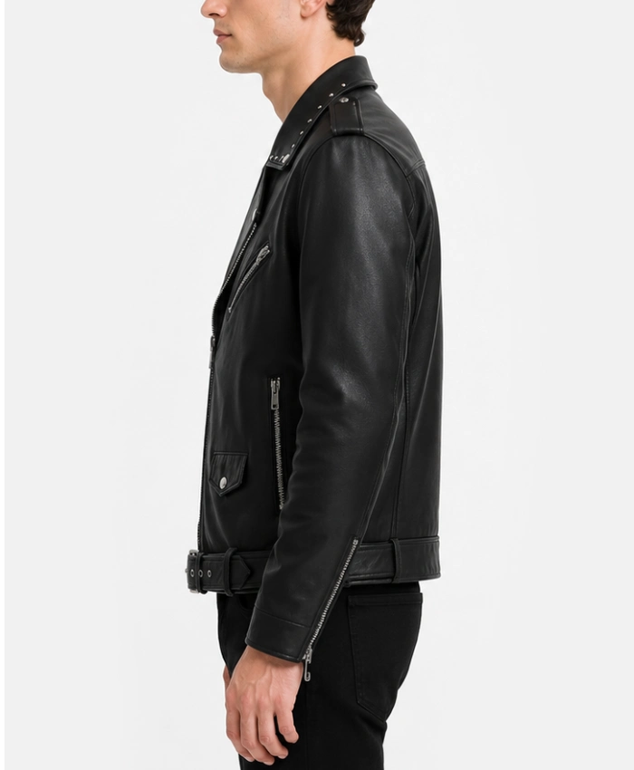 Black Studded Collar Biker Leather Jacket for Mens